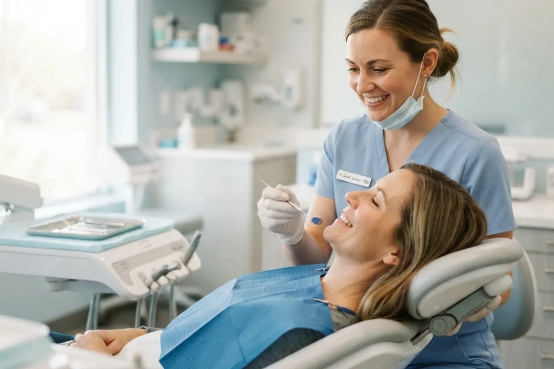 A reassuring dentist examining a relieved patient during a same-day emergency visit